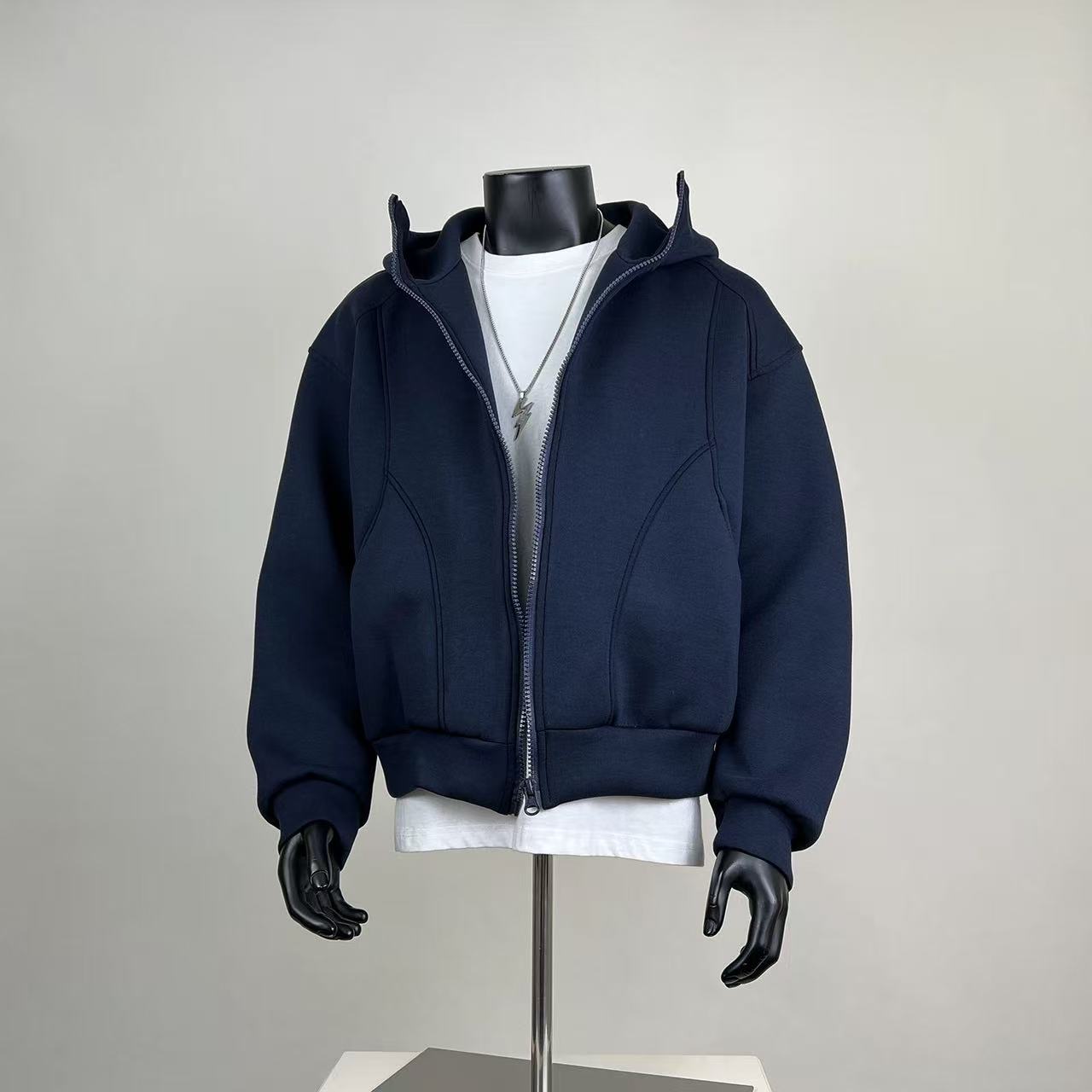 Oversized Cropped Zip-Up Hoodie - Navy Blue Streetwear Sweatshirt