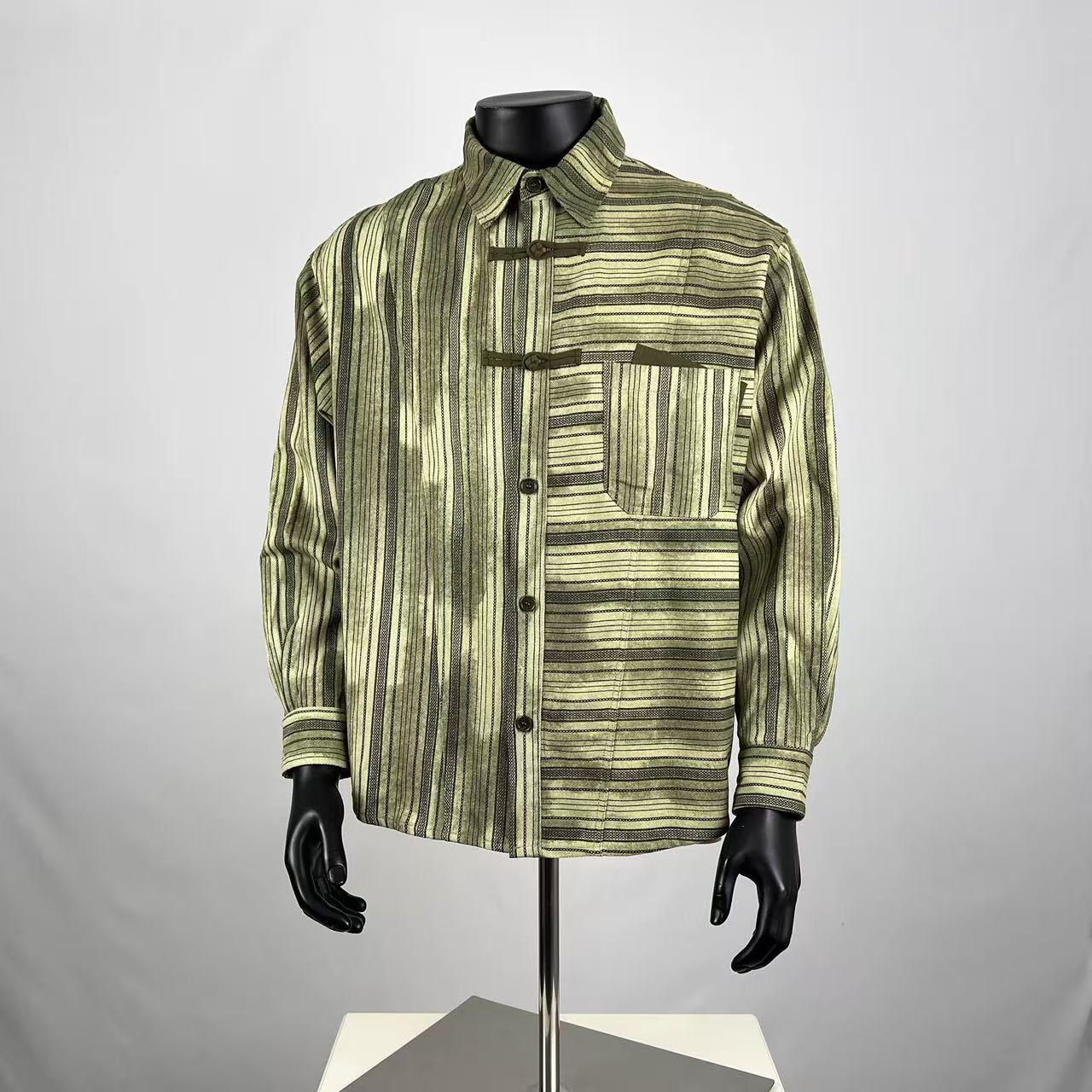 Olive Green Striped Chinese Knot Button-Down Shirt – Retro Oriental Style Long Sleeve Top