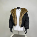 Black Faux Fur Collar Cropped Puffer Jacket – Edgy Streetwear Statement Coat