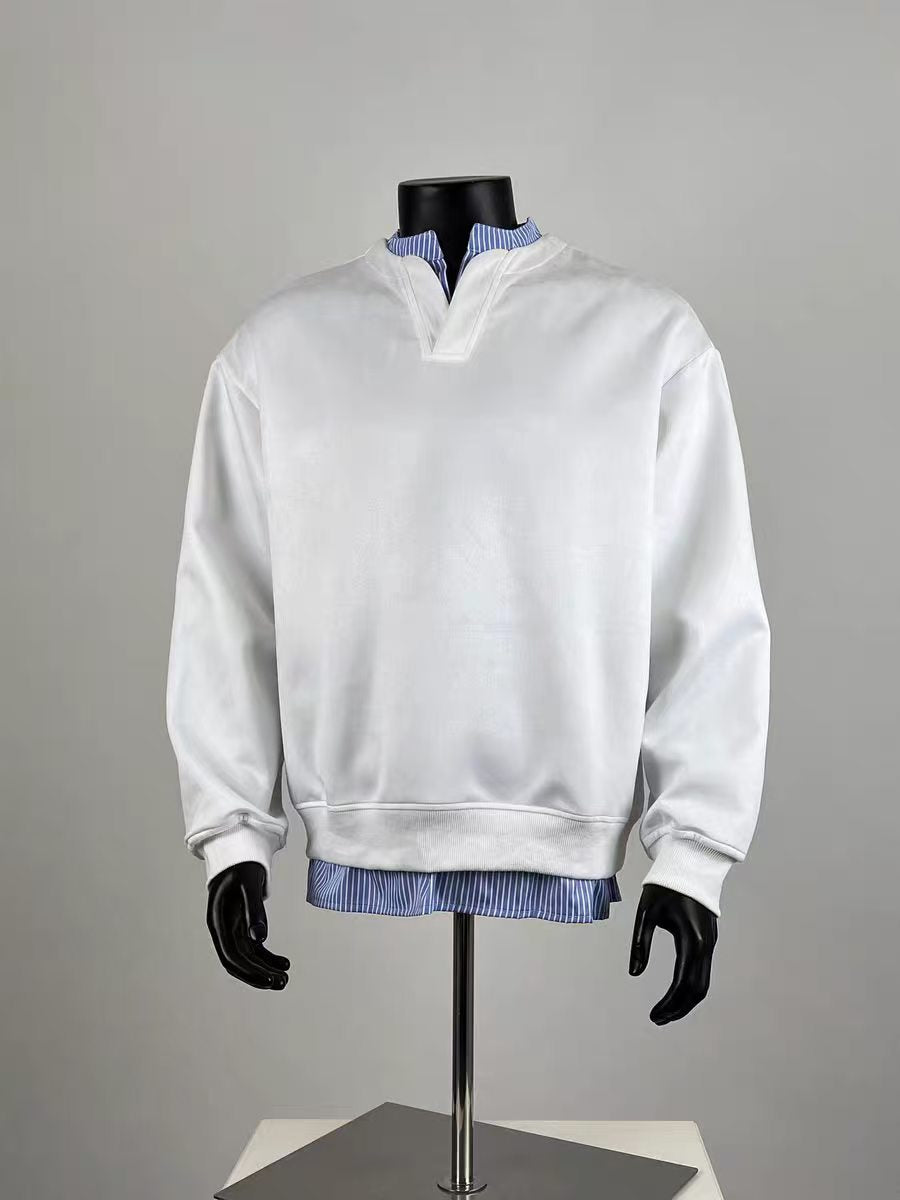 Men's White Fake Two-Piece Striped Collar Casual Sweatshirt