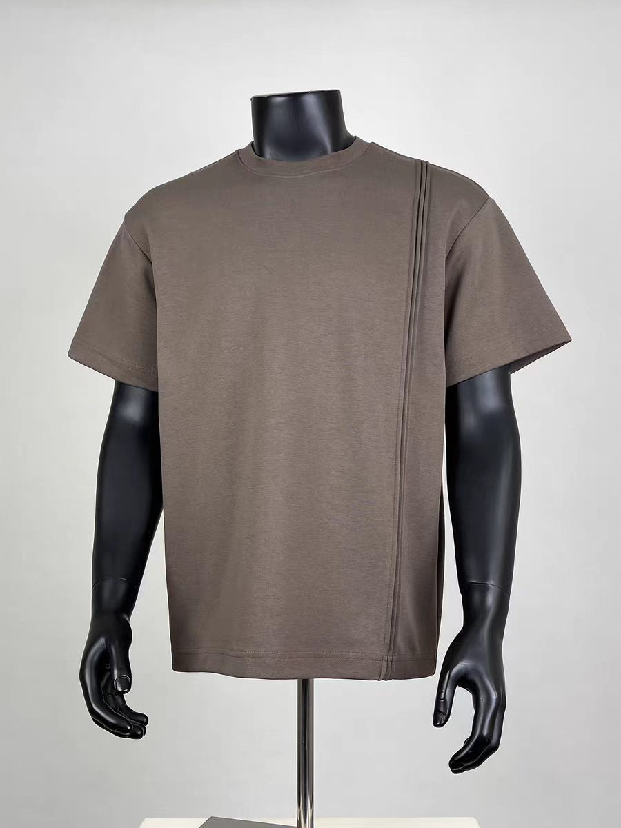 Taupe Crew Neck Oversized Tee with Vertical Stripe Accent for Men