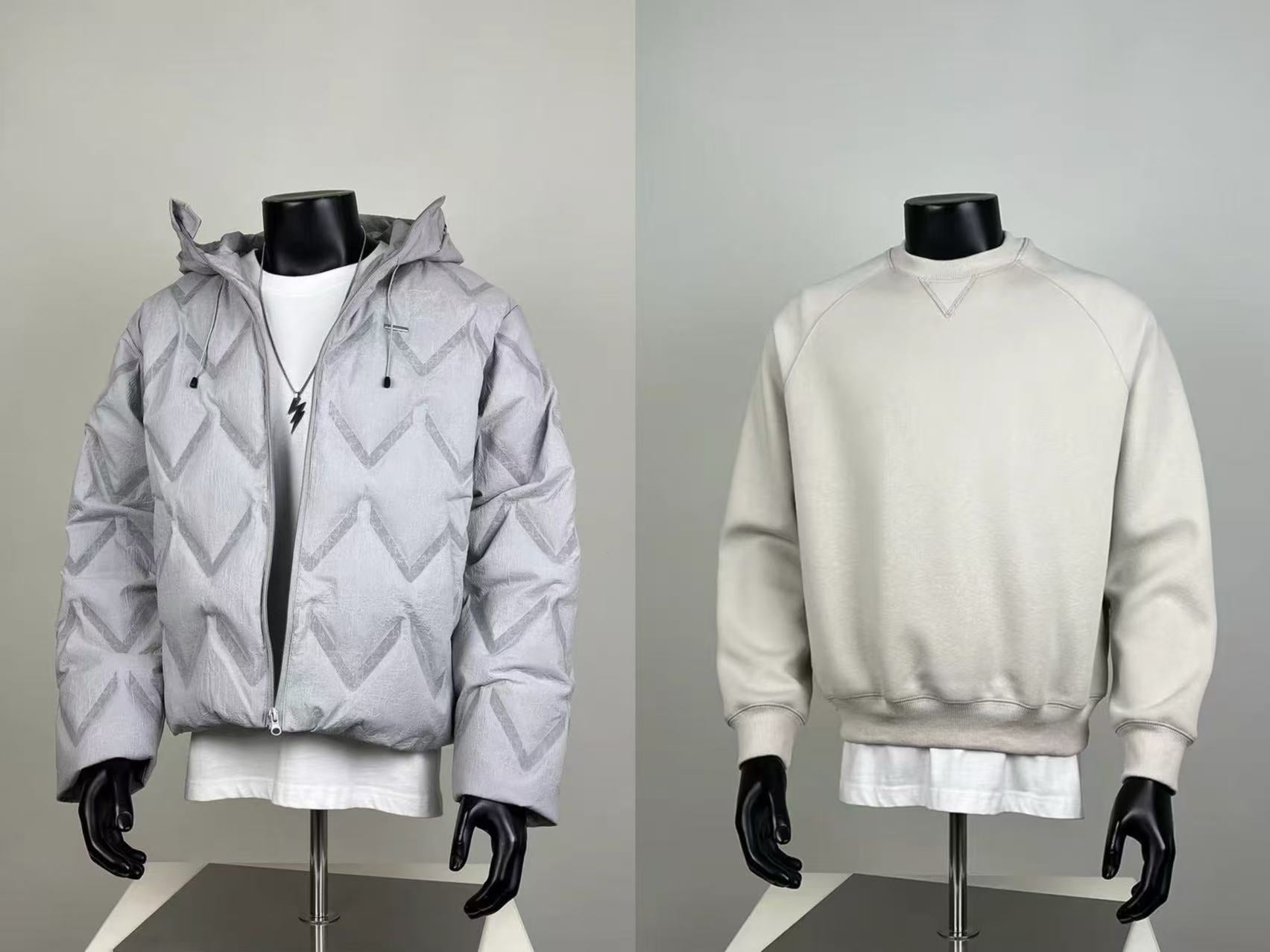 Grey Chevron Hooded Puffer Jacket + Beige Crewneck Sweatshirt Set