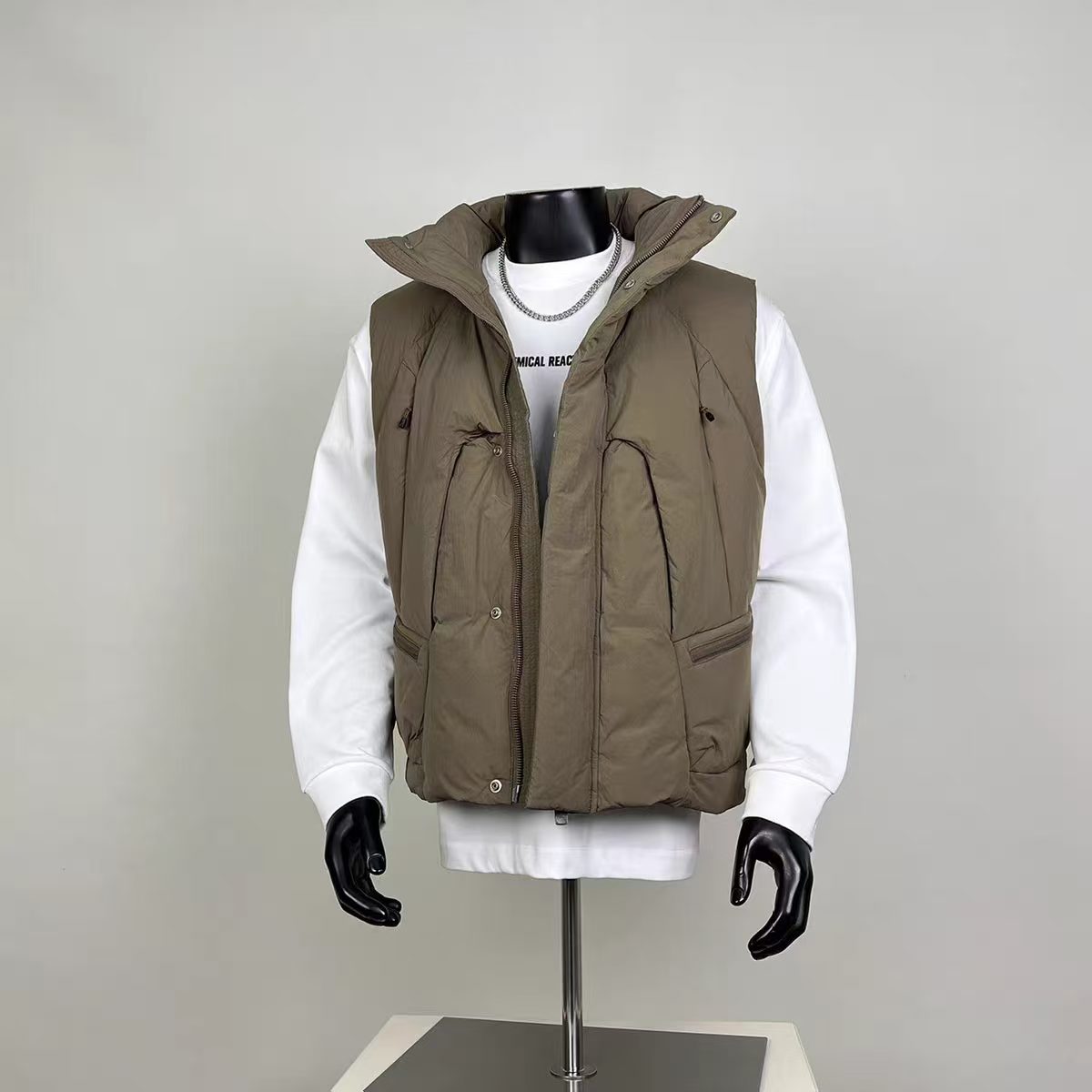 Men's Quilted Puffer Vest – Stand Collar Insulated Winter Gilet in Taupe