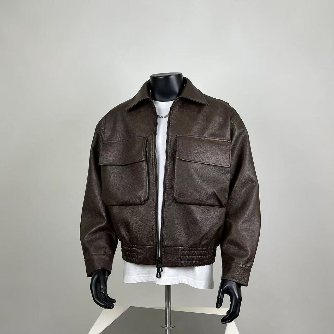 Brown Faux Leather Cropped Bomber Jacket – Utility Pocket Street Style