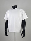 Men's White Oversized T-Shirt with Shoulder Rivet Detailing - Casual Streetwear Short Sleeve Top