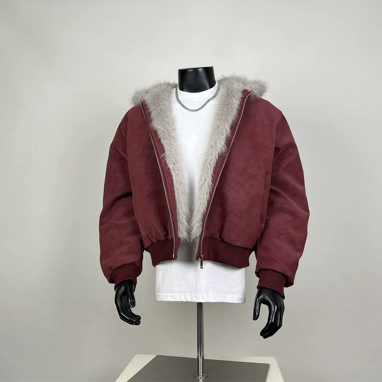 Vintage Washed Burgundy Faux Fur Lined Bomber
