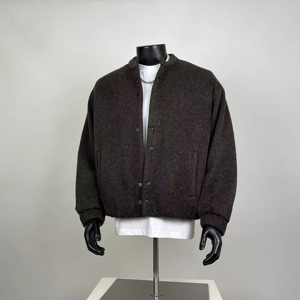 Men's Dark Brown Wool-Blend Cropped Bomber Jacket
