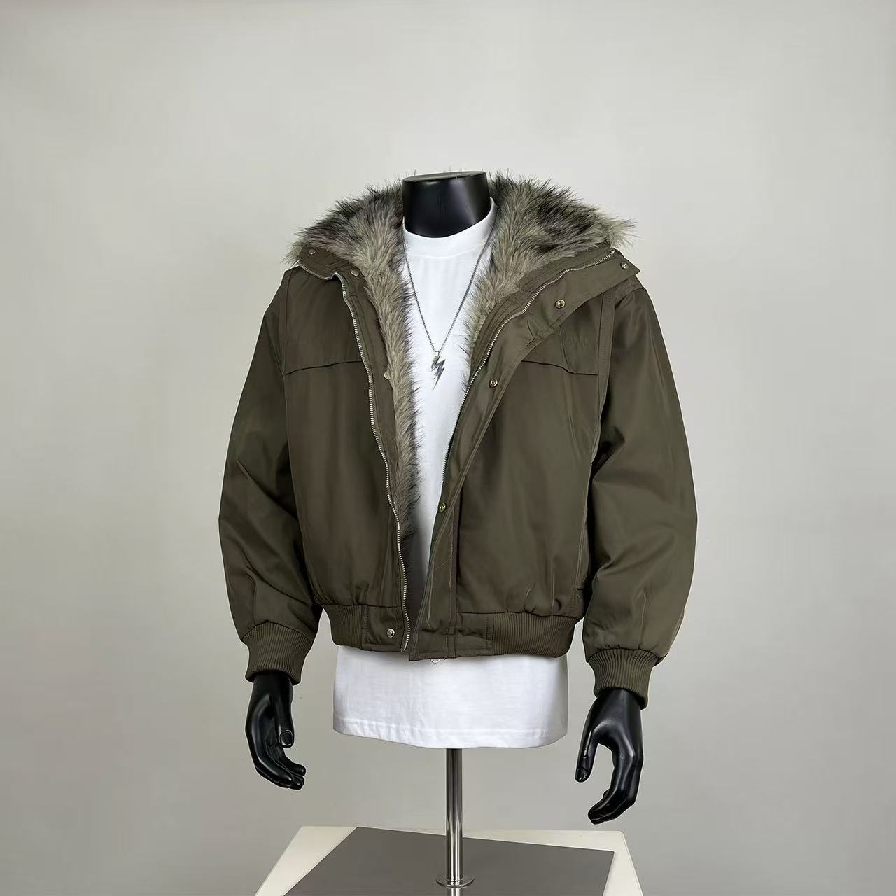 Olive Green Cropped Parka Jacket – Faux Fur Lined Hood Streetwear