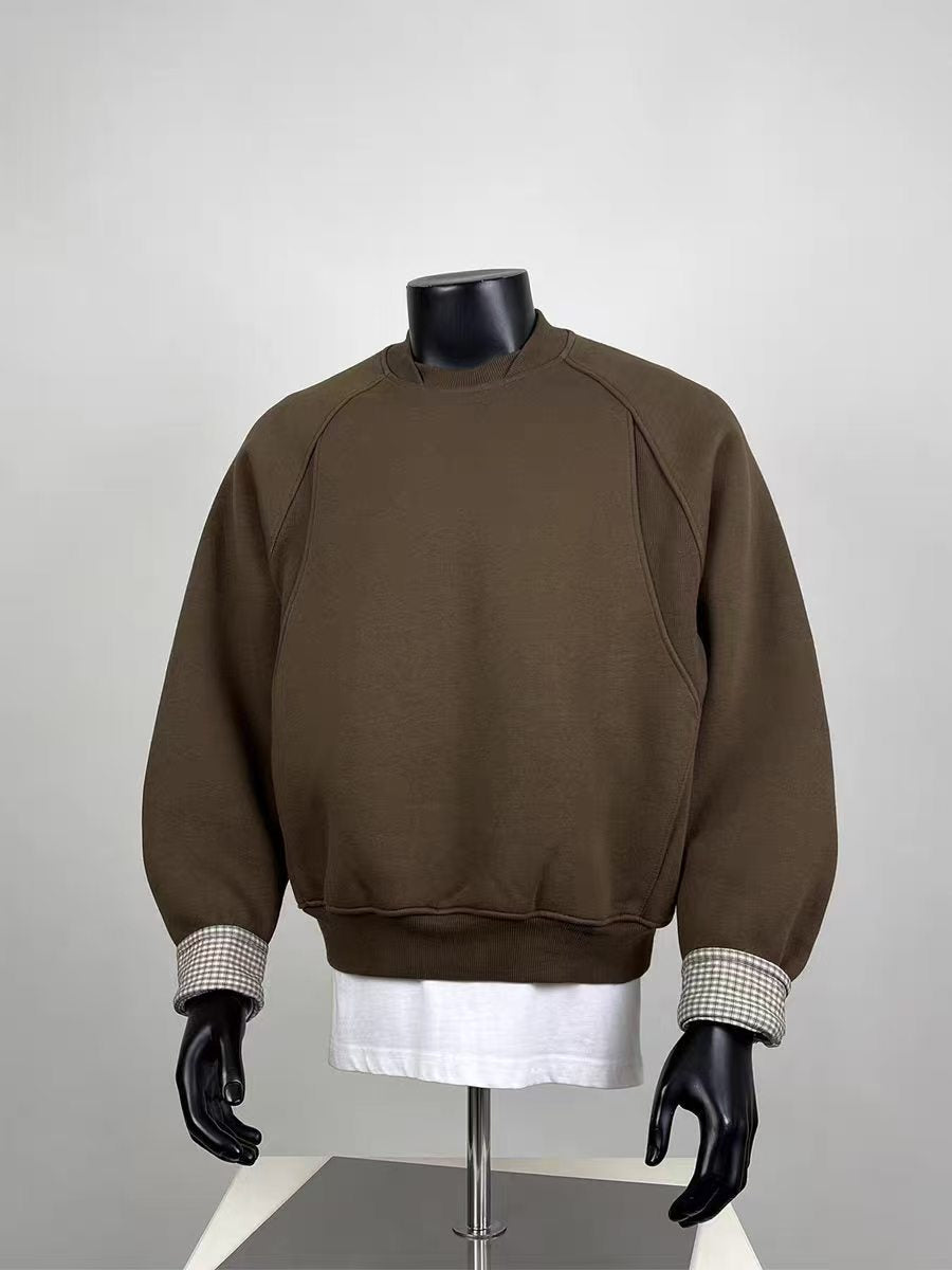 Men's Brown Crewneck Sweatshirt with Plaid Contrast Cuffs, Casual Loose Fit Top