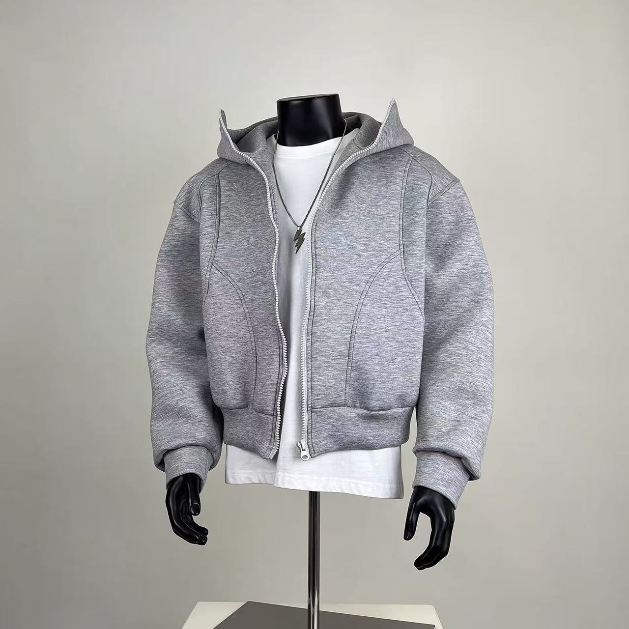 Oversized Cropped Zip-Up Hoodie - Heather Grey Streetwear Sweatshirt