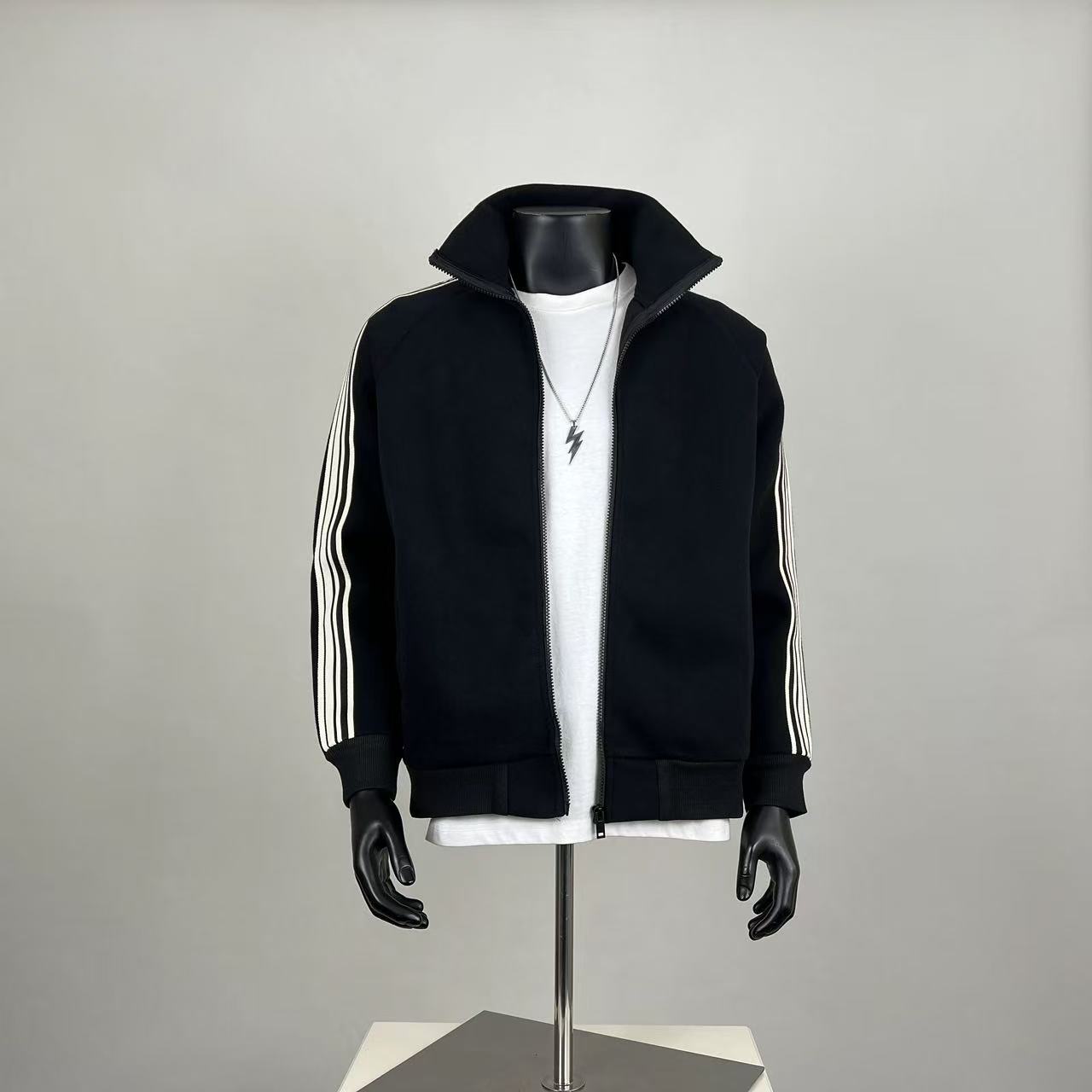 Full-Zip Track Jacket – Men's Striped Sleeve Casual Sweatshirt in Black