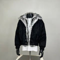 Black Denim Faux Fur Trim Cropped Bomber Jacket – Edgy Streetwear Statement Coat