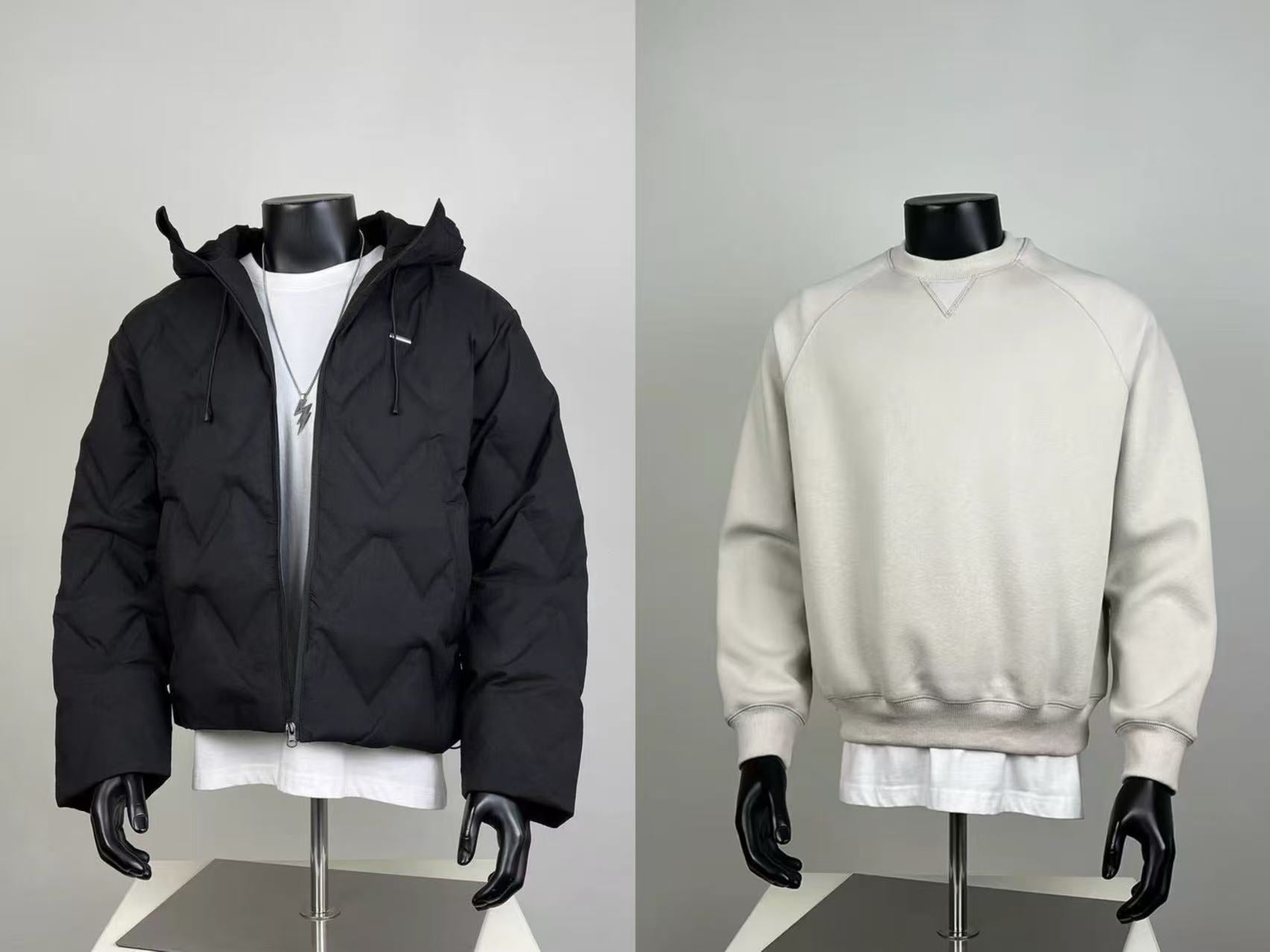Black Chevron Quilted Hooded Puffer Jacket + Beige Crewneck Sweatshirt Set