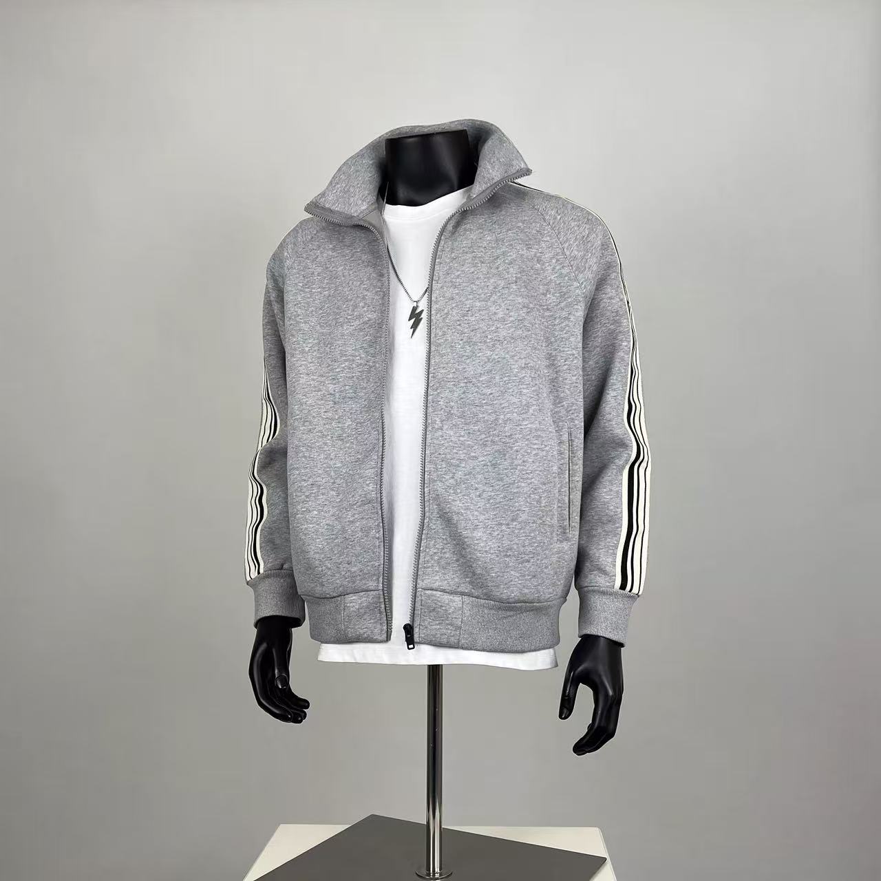 Men's Striped Track Jacket – Full-Zip Stand Collar Sweatshirt in Heather Grey