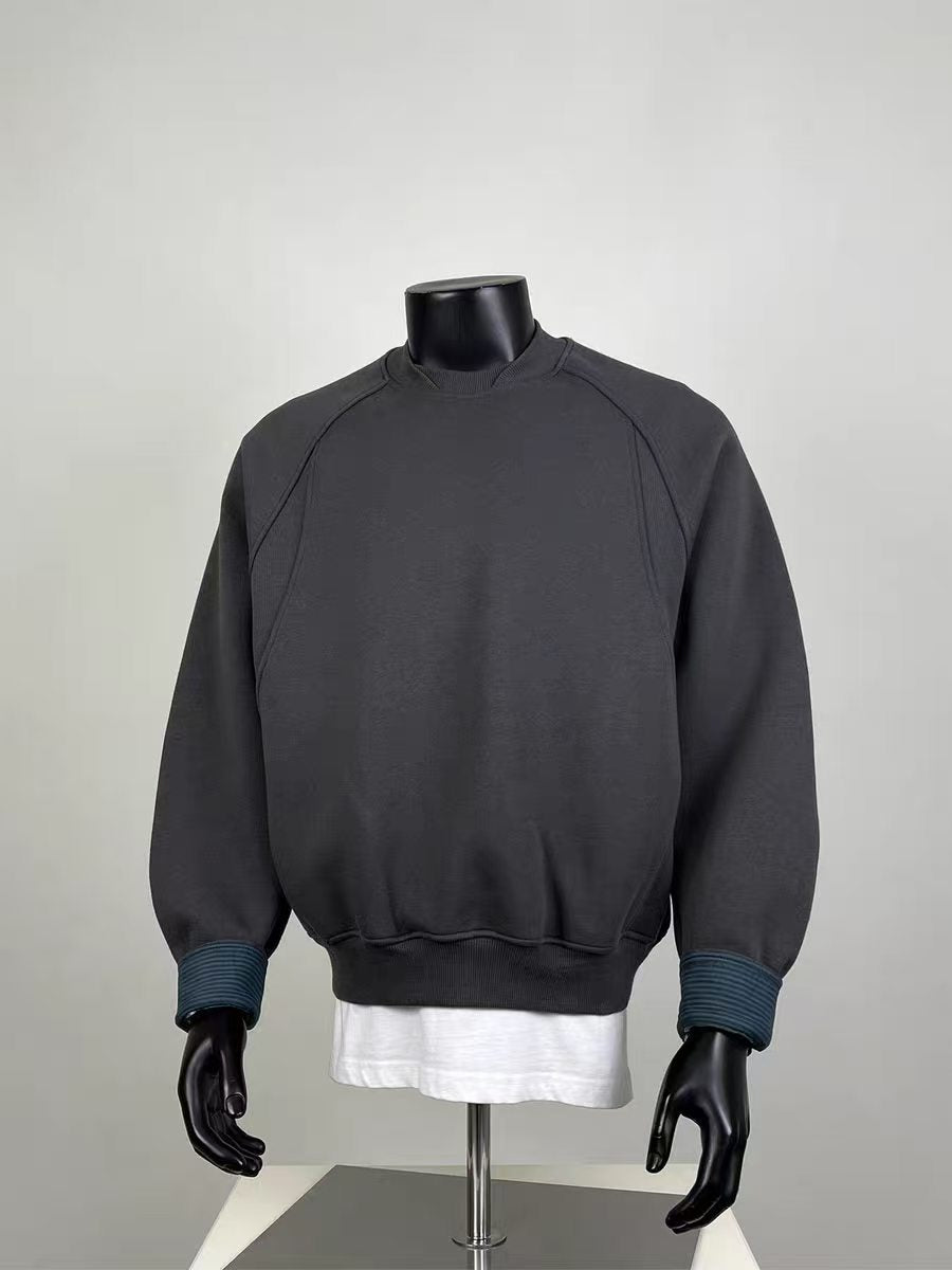 Men's Dark Grey Contrast Cuff Raglan Crewneck Casual Sweatshirt