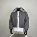 Men's Grey Wool Blend Cropped Bomber Jacket with Faux Fur Collar
