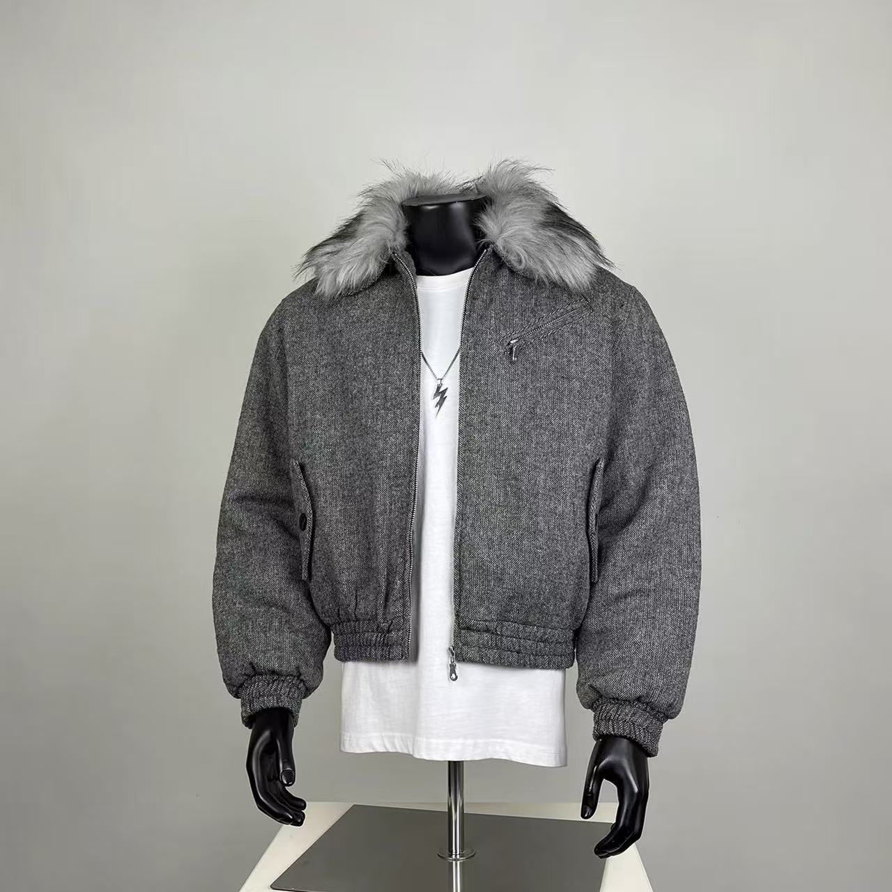 Men's Grey Wool Blend Cropped Bomber Jacket with Faux Fur Collar
