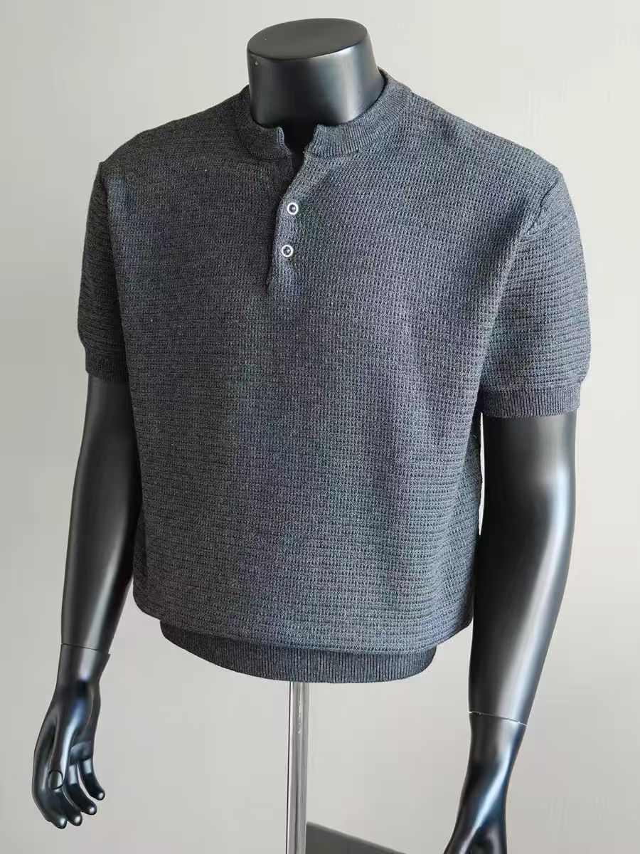 Men's Charcoal Waffle Knit Henley Short Sleeve Sweater