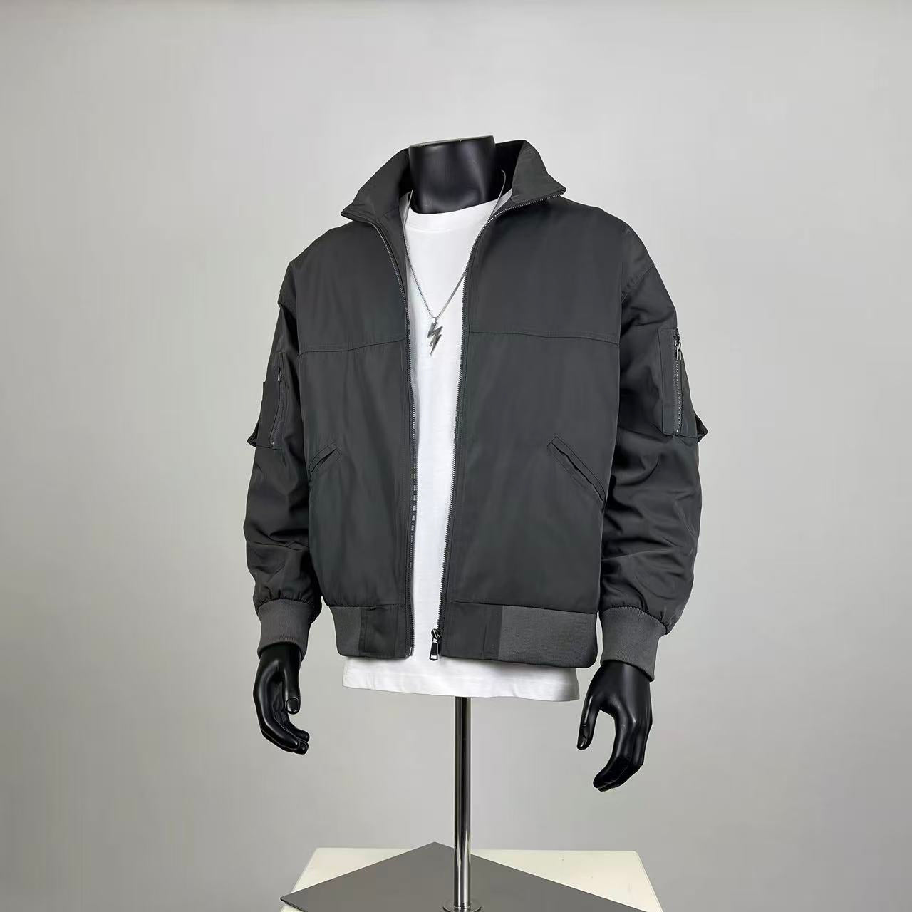 Dark Grey Utility Bomber Jacket – Oversized Streetwear Flight Jacket