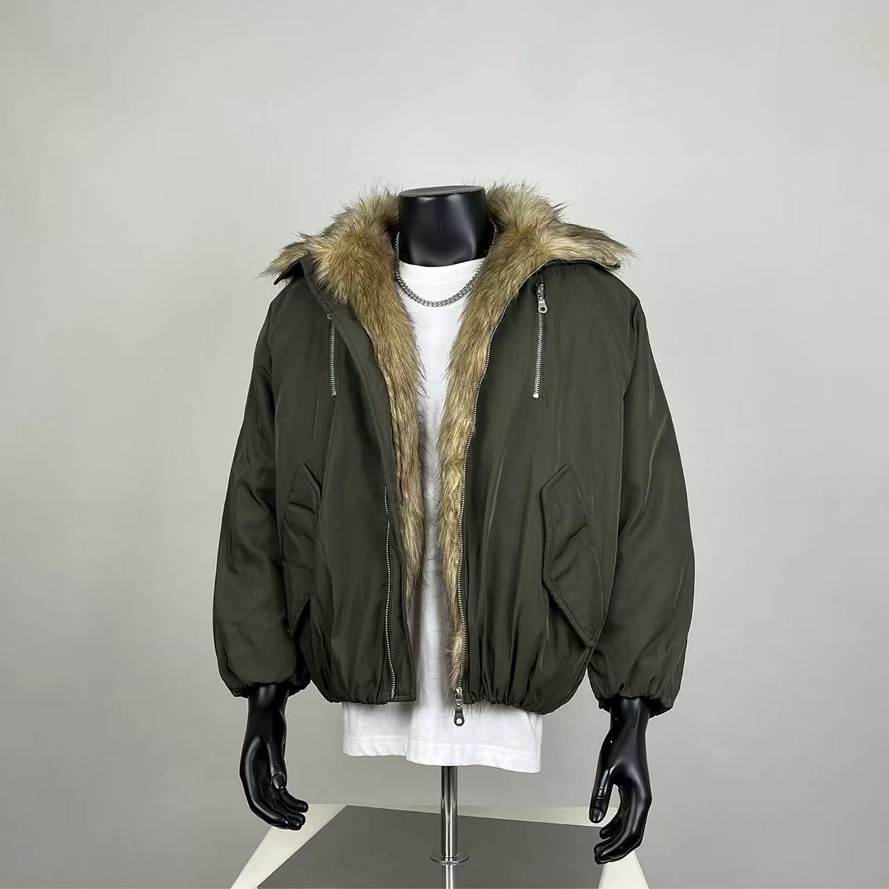 Men's Olive Green Faux Fur Trim Hooded Puffer Bomber Jacket