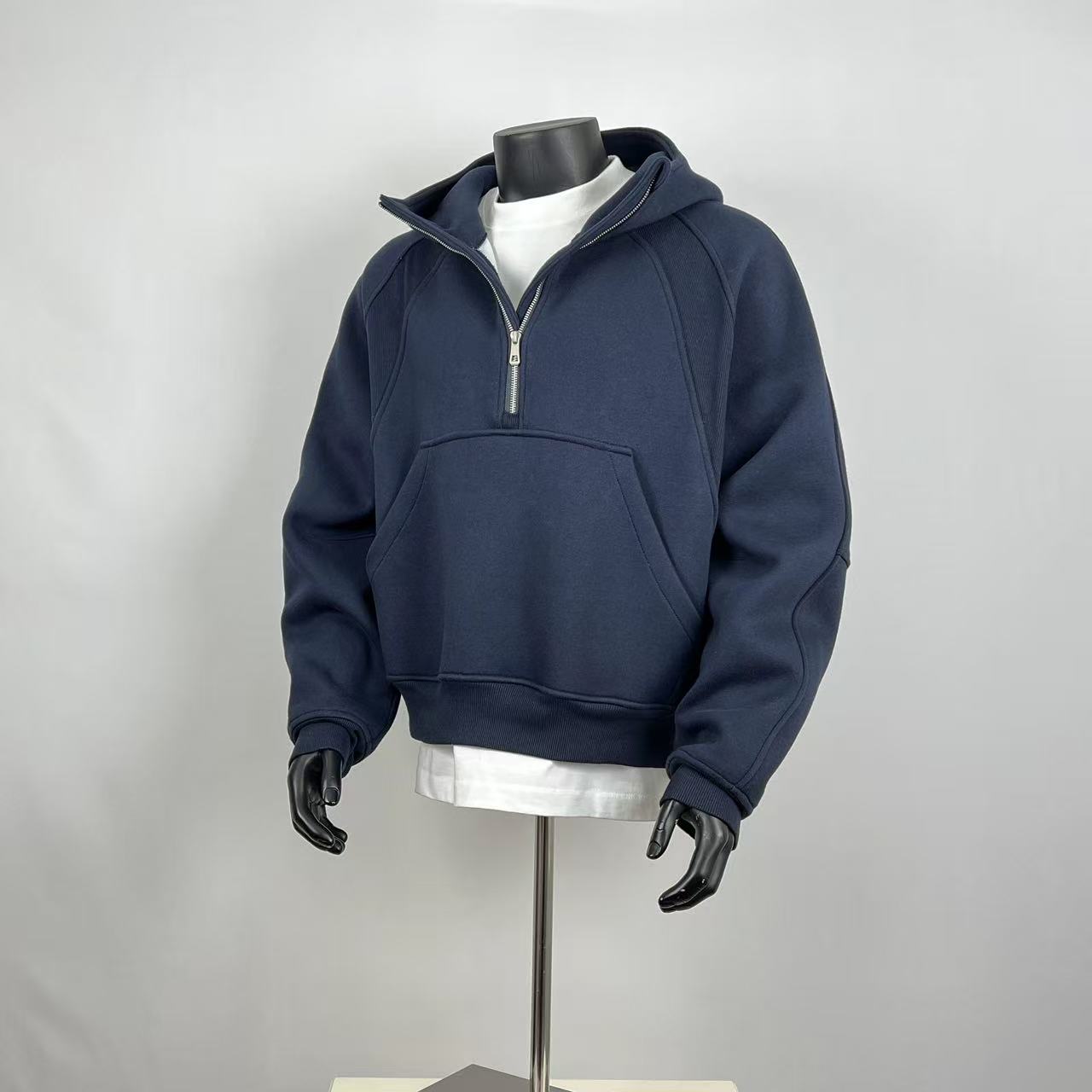 Oversized Cropped Half-Zip Hoodie - Navy Blue Streetwear Sweatshirt