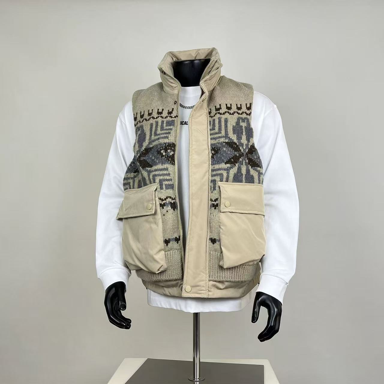 Streetwear Mixed-Media Vest - Geometric Knit Panel & Stand Collar