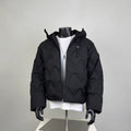 Oversized Cropped Hooded Puffer Jacket - Black Chevron Quilted Streetwear