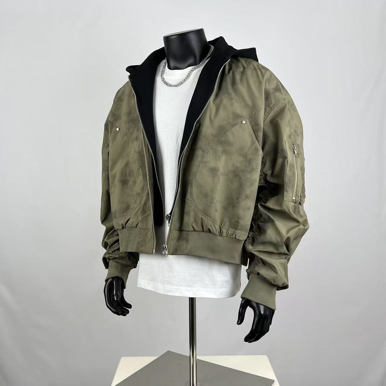 Men's Olive Tie-Dye Cropped Bomber Jacket with Detachable Hood