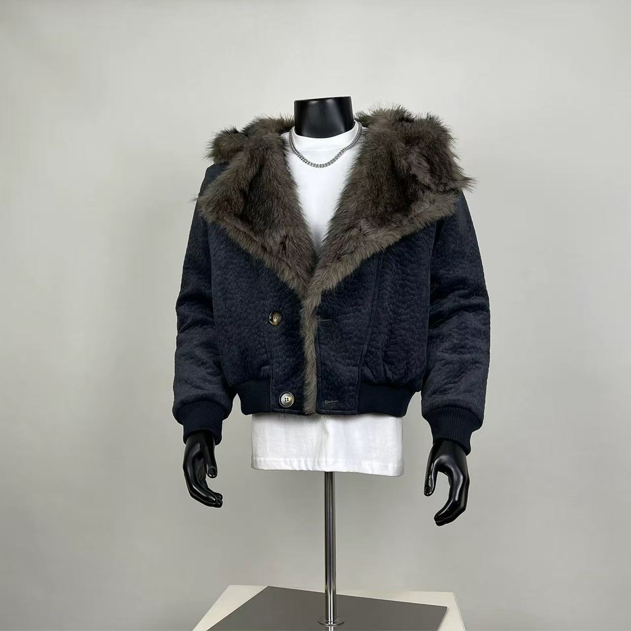 Dark Grey Faux Fur Collar Quilted Bomber Jacket – Vintage Style Statement Coat