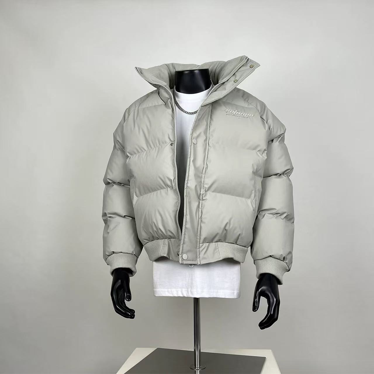 Light Grey Oversized Puffer Bomber Jacket – Minimalist Streetwear Winter Coat