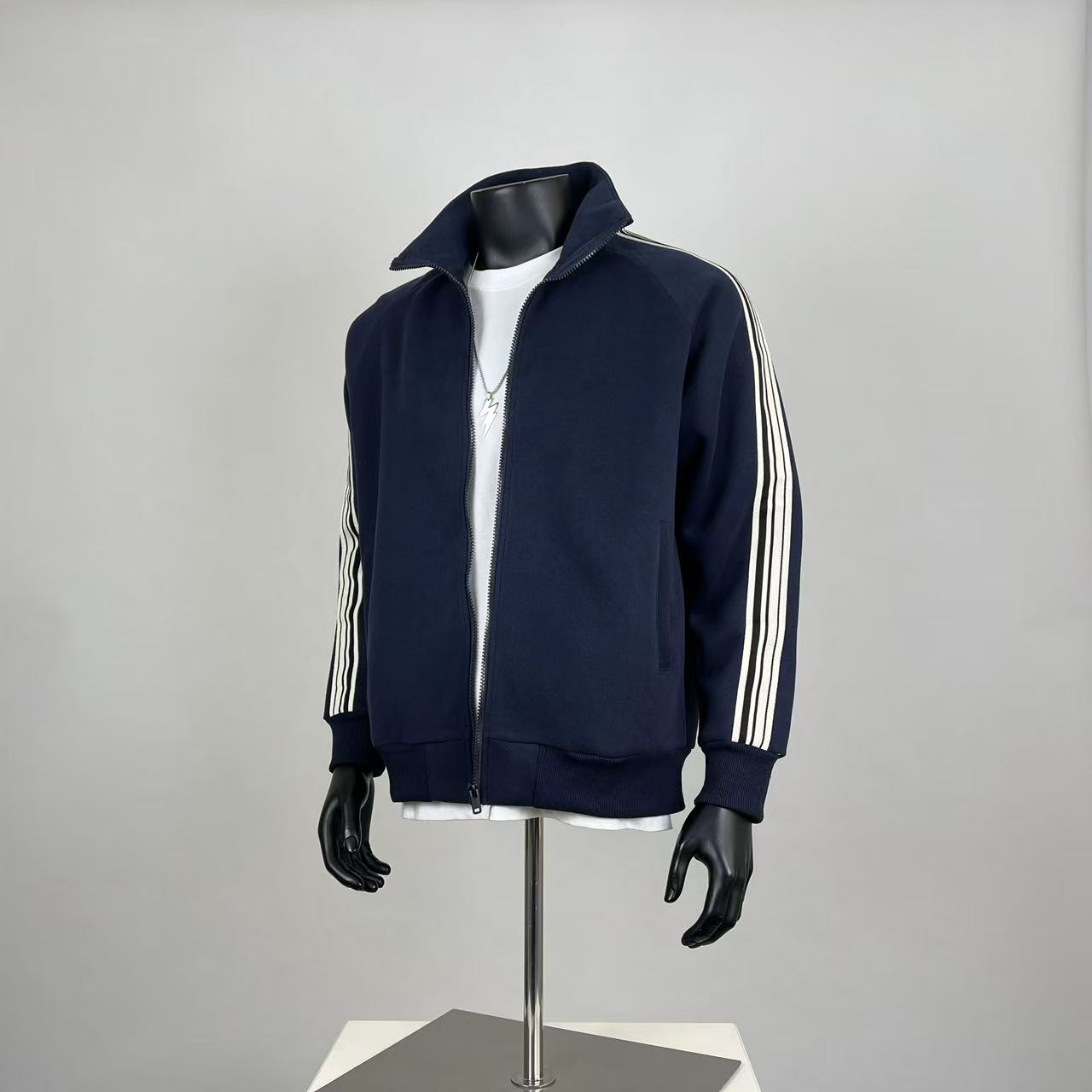 Men's Striped Track Jacket – Full-Zip Stand Collar Sweatshirt in Navy Blue