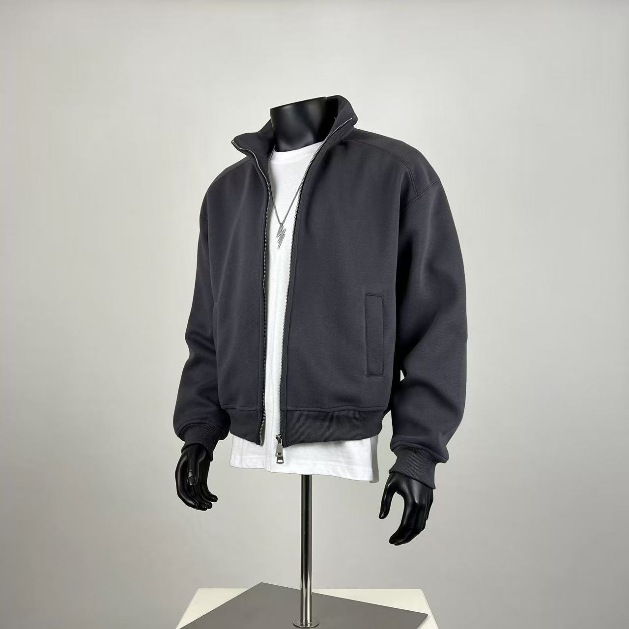 Dark Grey Cropped Zip-Up Jacket - Oversized Heavyweight Fleece Sweatshirt