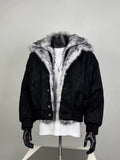 Black Corduroy Faux Fur Lined Bomber Jacket | Winter Oversized Cropped Coat