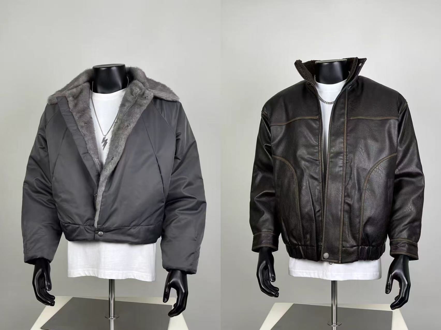 Men's Winter Jackets - Gray Fur-Lined Bomber & Vintage Leather Coat Set
