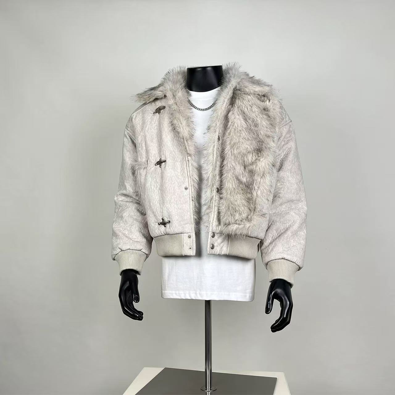Oatmeal Faux Fur Collar Cropped Bomber Jacket – Toggle Closure Street Style