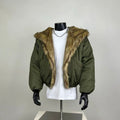 Olive Green Faux Fur Collar Cropped Puffer Jacket – Streetwear Statement Coat