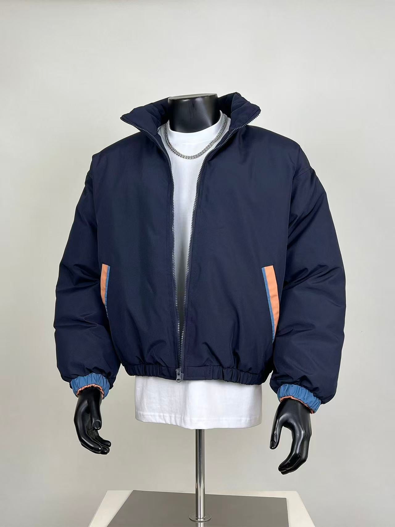 Men's Navy Cropped Puffer Jacket with Contrast Pocket & Cuff Details