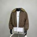 Men's Brown Wool Blend Cropped Bomber Jacket with Faux Fur Collar