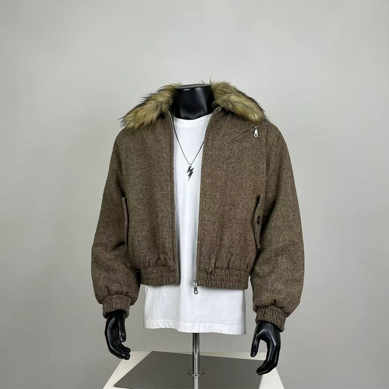 Men's Brown Wool Blend Cropped Bomber Jacket with Faux Fur Collar