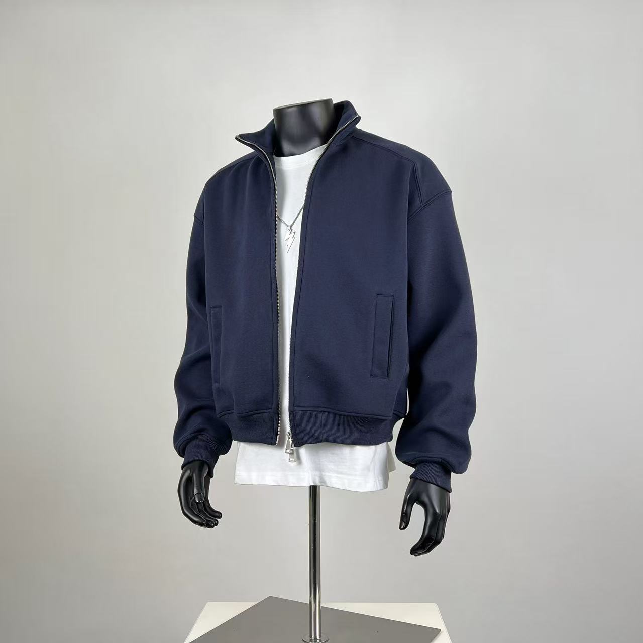 Navy Cropped Zip-Up Jacket - Oversized Heavyweight Fleece Sweatshirt