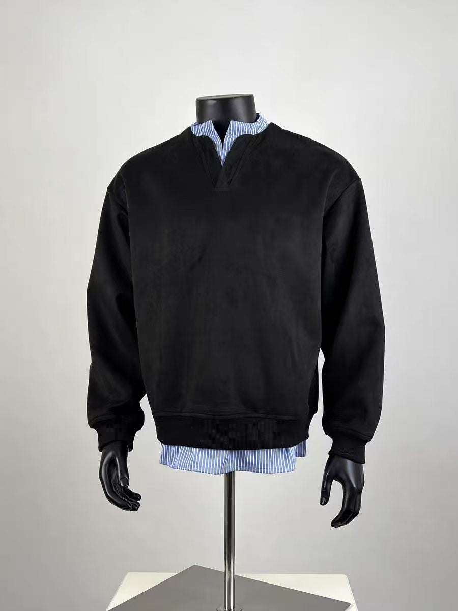 Men's Black Mock Neck Sweatshirt with Striped Shirt Layered Design, Casual Preppy Top