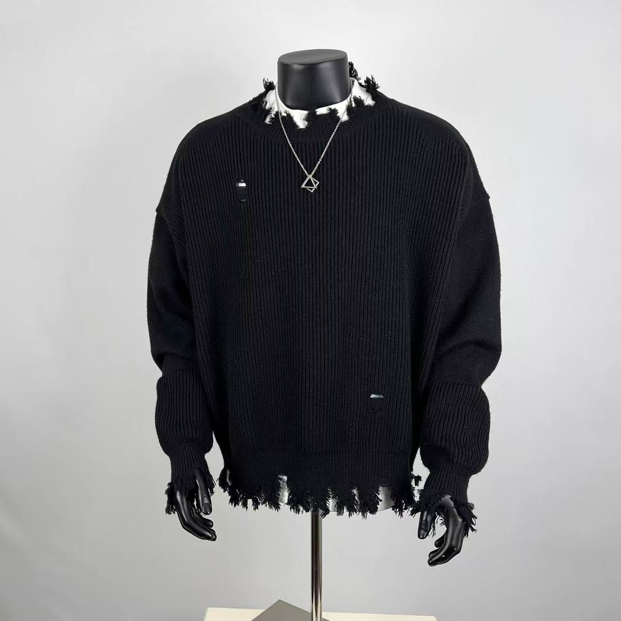 Oversized Distressed Frayed Edge Knit Sweater – Black Grunge Pullover