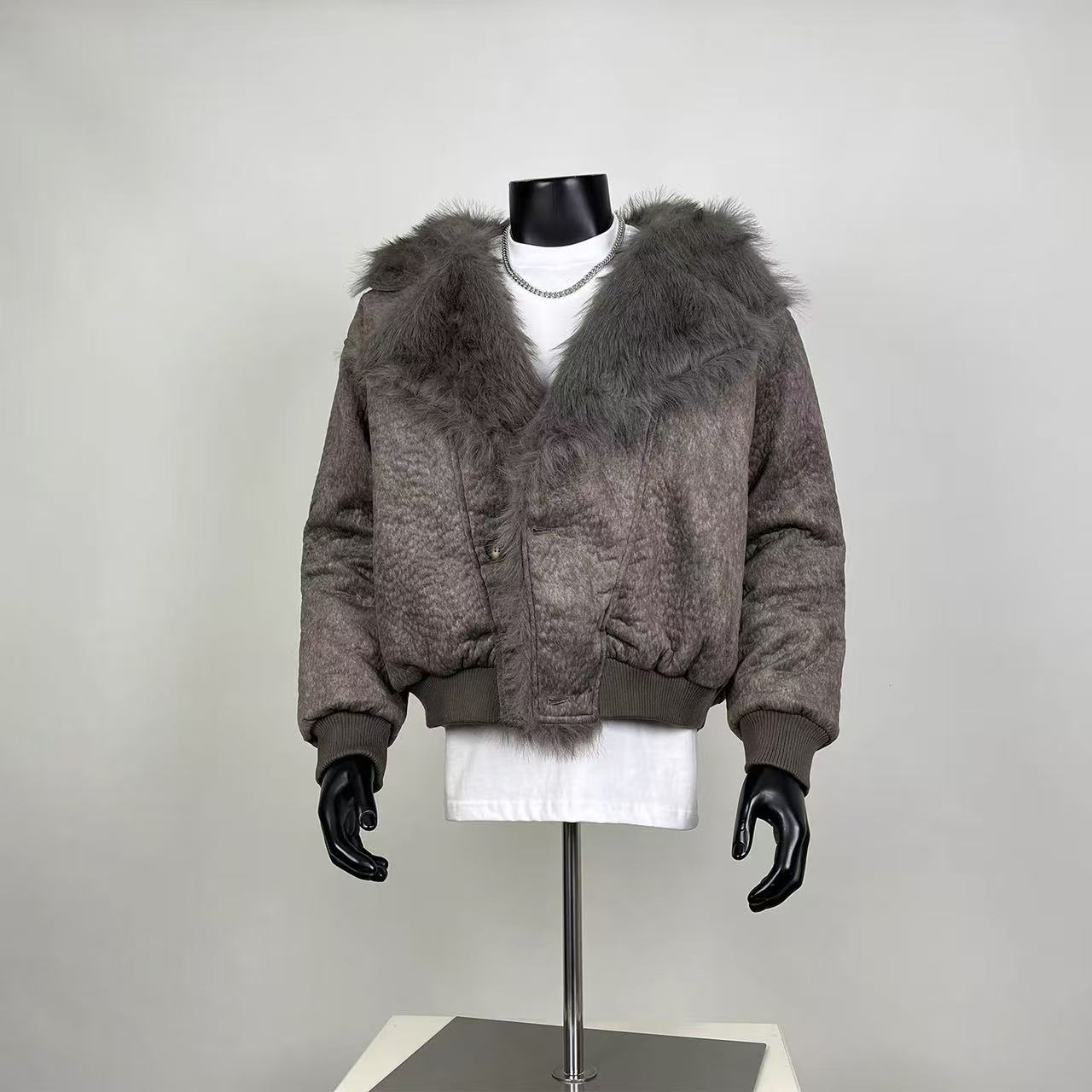 Muted Brown Faux Fur Collar Quilted Bomber Jacket – Vintage Street Style Statement Coat