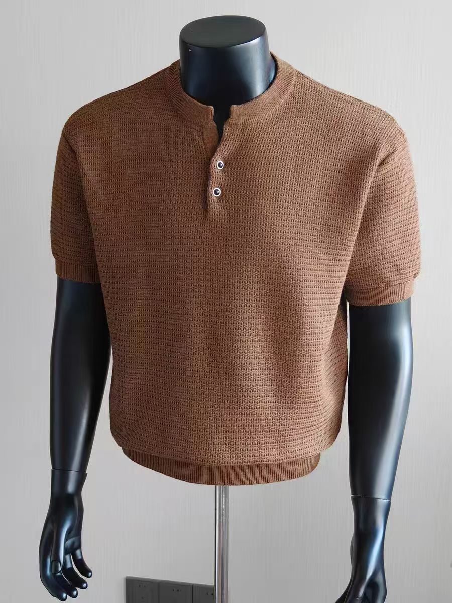 Men's Waffle Knit Henley Short Sleeve Sweater