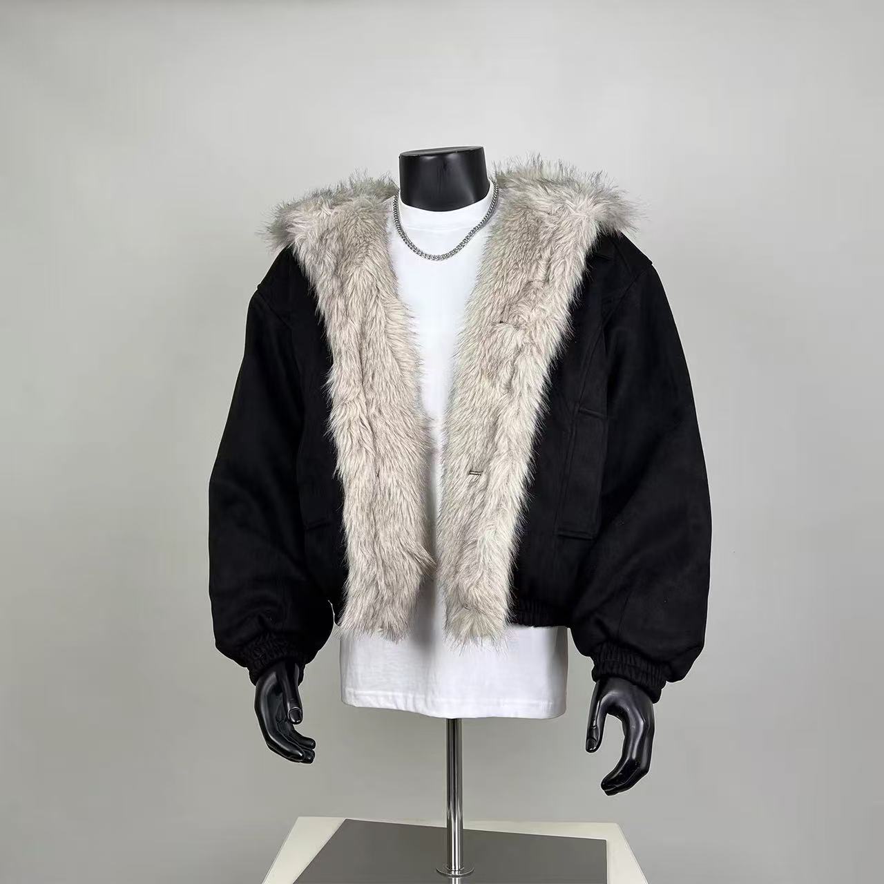 Men's Faux Fur Trim Suede Bomber Jacket - Black Cropped Style