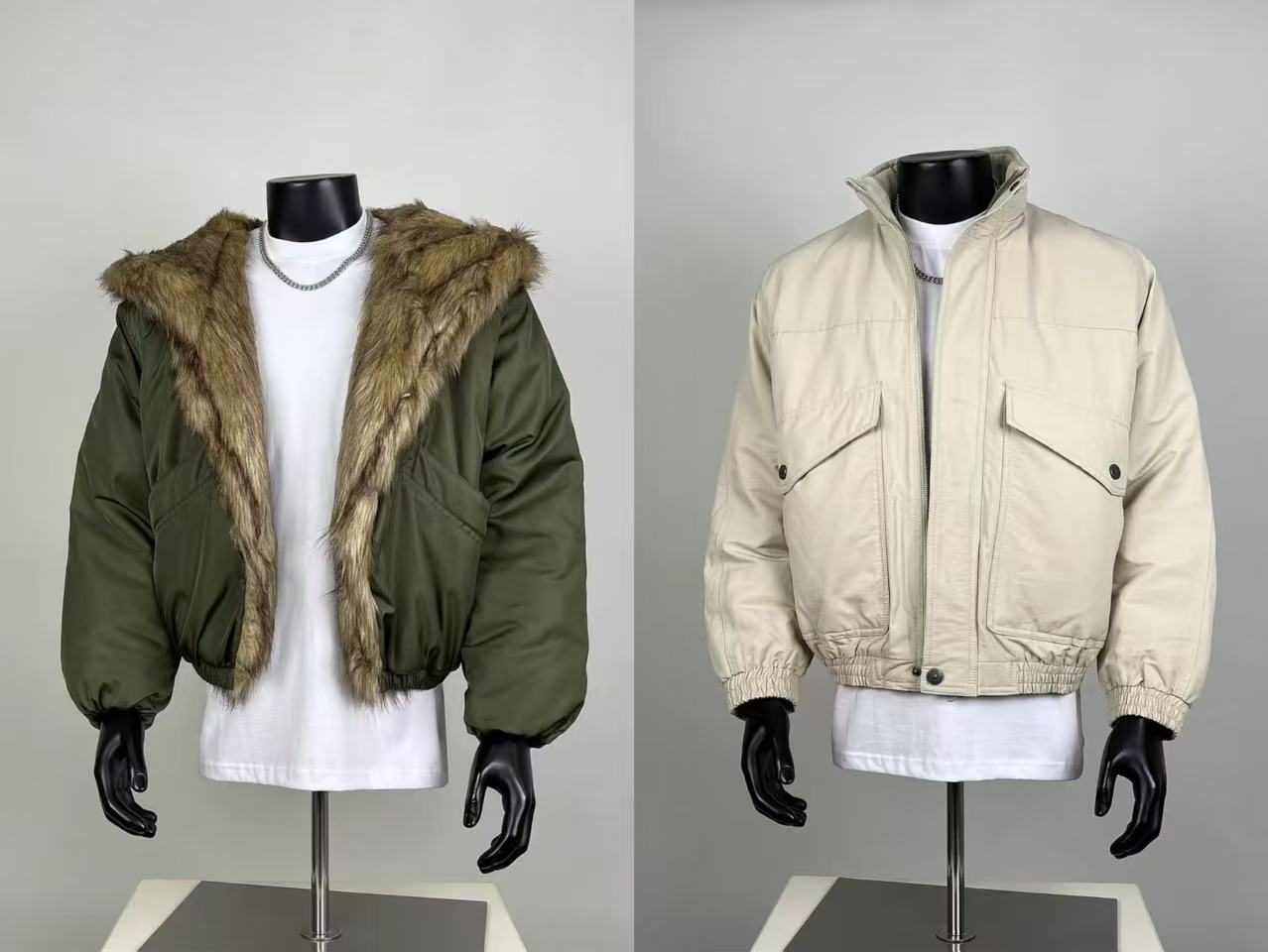 Men's Winter Bomber Jackets - Green Fur-Lined & Beige Utility Outerwear
