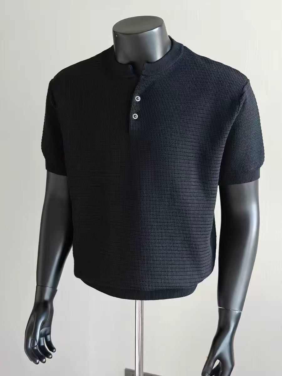 Men's Black Waffle Knit Henley Short Sleeve T-Shirt