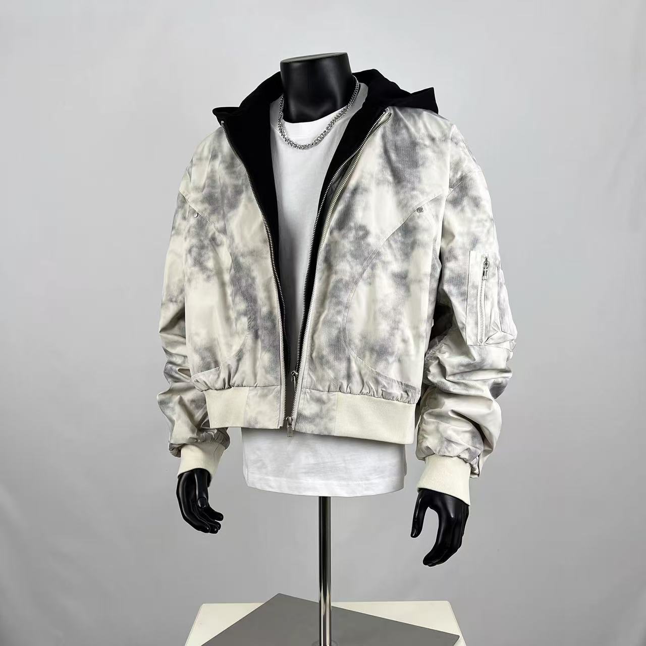 Men's Tie-Dye Cropped Bomber Jacket with Detachable Hood