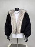 Black Faux Fur Trim Suede Jacket | Winter Oversized Cropped Bomber Coat