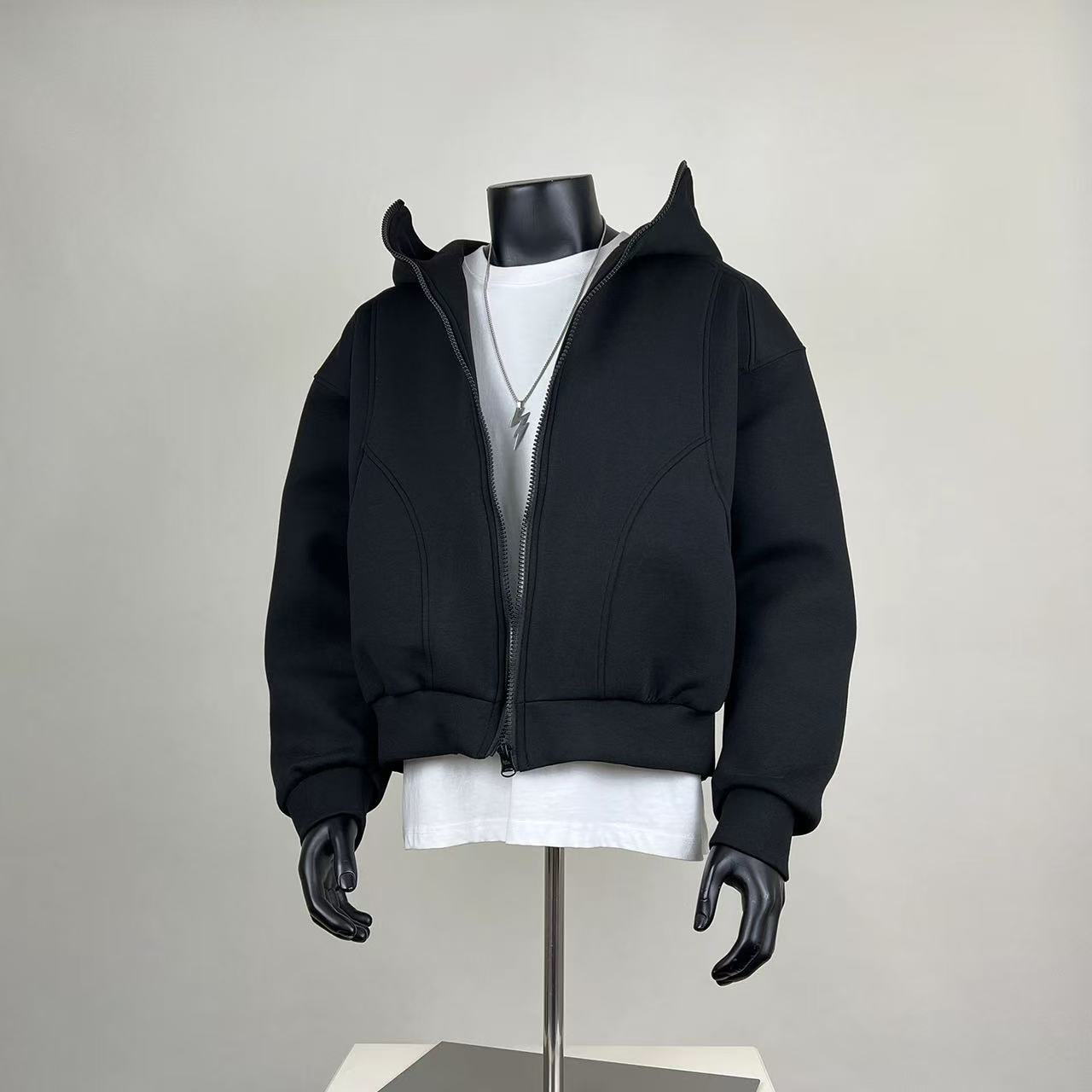 Oversized Cropped Zip-Up Hoodie - Black Streetwear Sweatshirt
